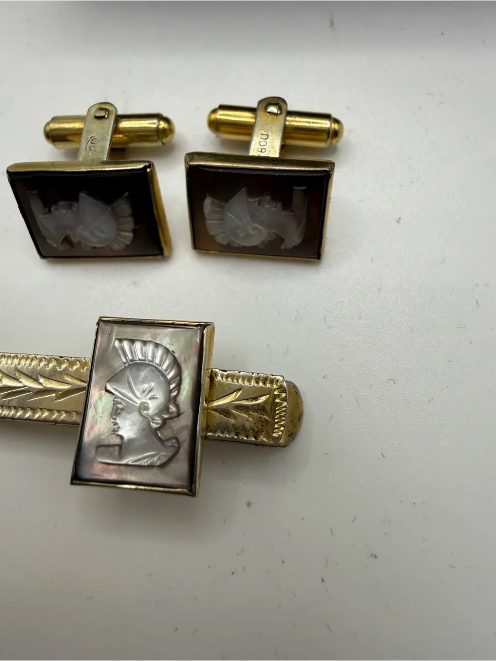 Antique 10k Gold Sterling Cameo Warrior Cufflinks Tie Bar